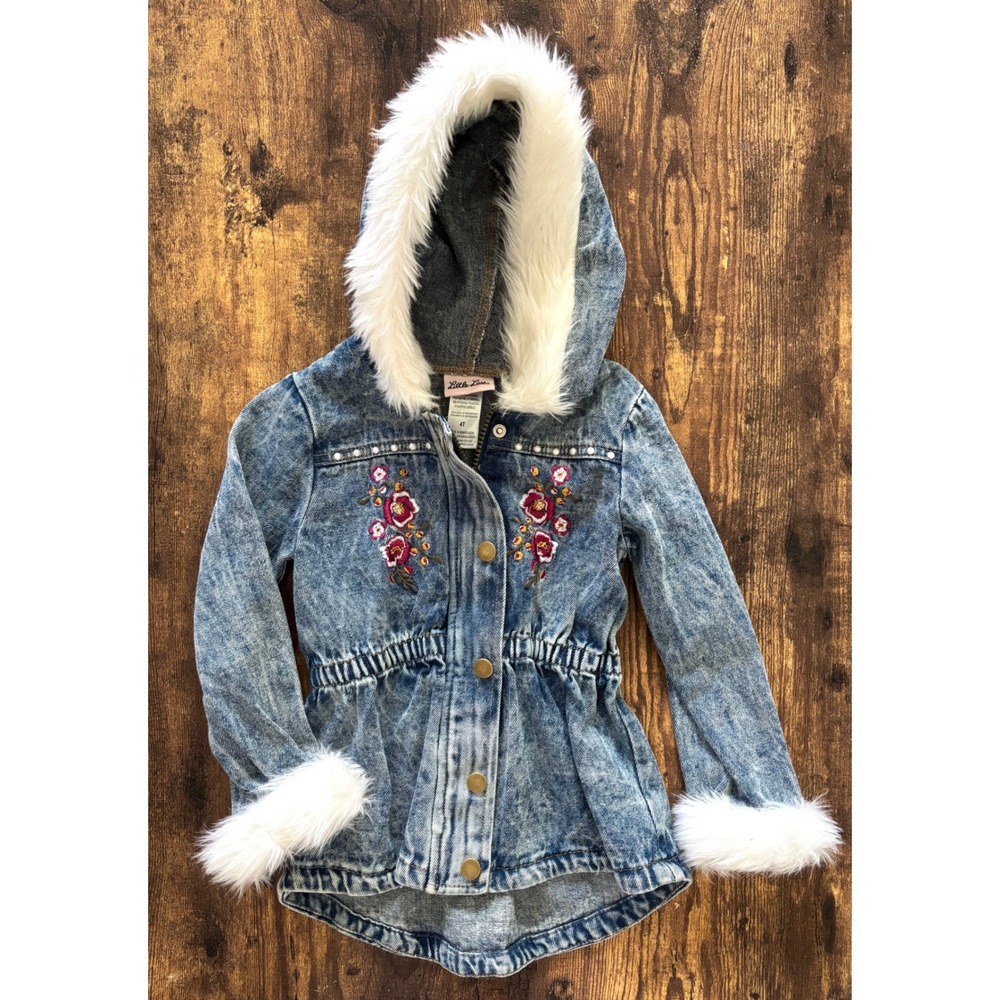 Little Lass Girls 4T Denim Jacket Acid Wash Faux Fur Trim & Floral Embroidered